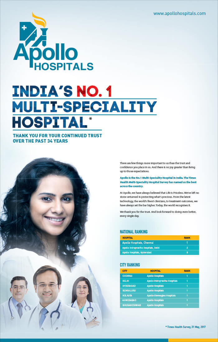 Apollo is the  Multi-Speciality Hospital in India. The Times Health  Multi-Speciality Hospital Survey has named us the best across the country